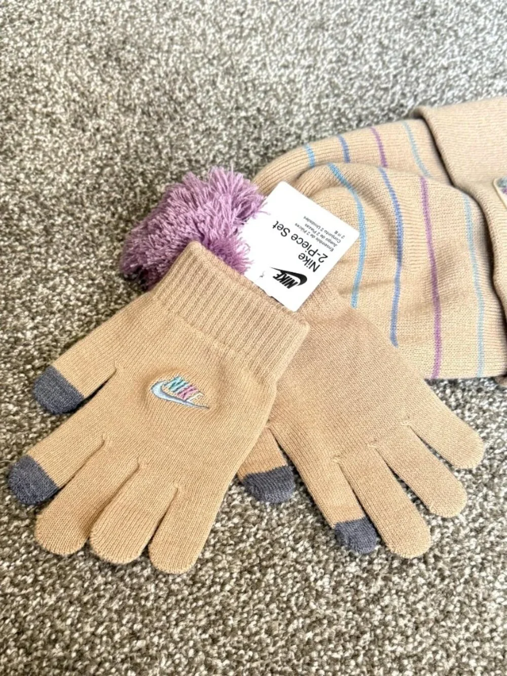 Nike Kids 2-Piece Winter Set Beige Striped Beanie Pom Touchscreen Gloves NWT